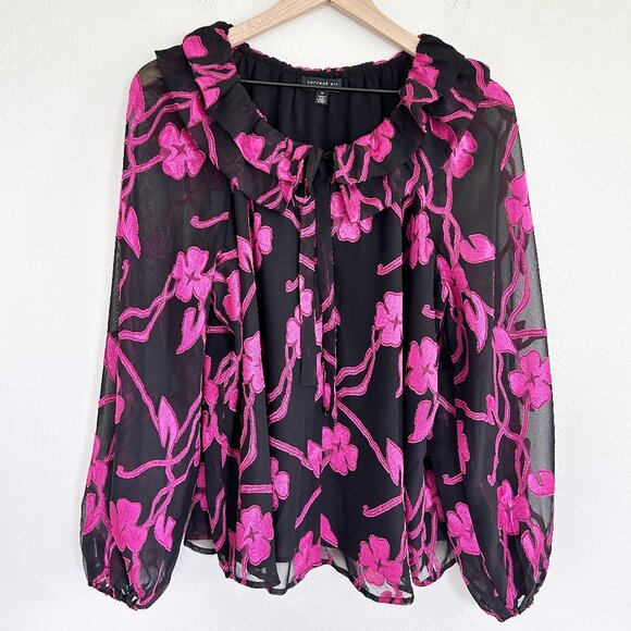 Current Air Tops - Current Air Anthropologie Blouse M Black Pink Floral Embroidered Top